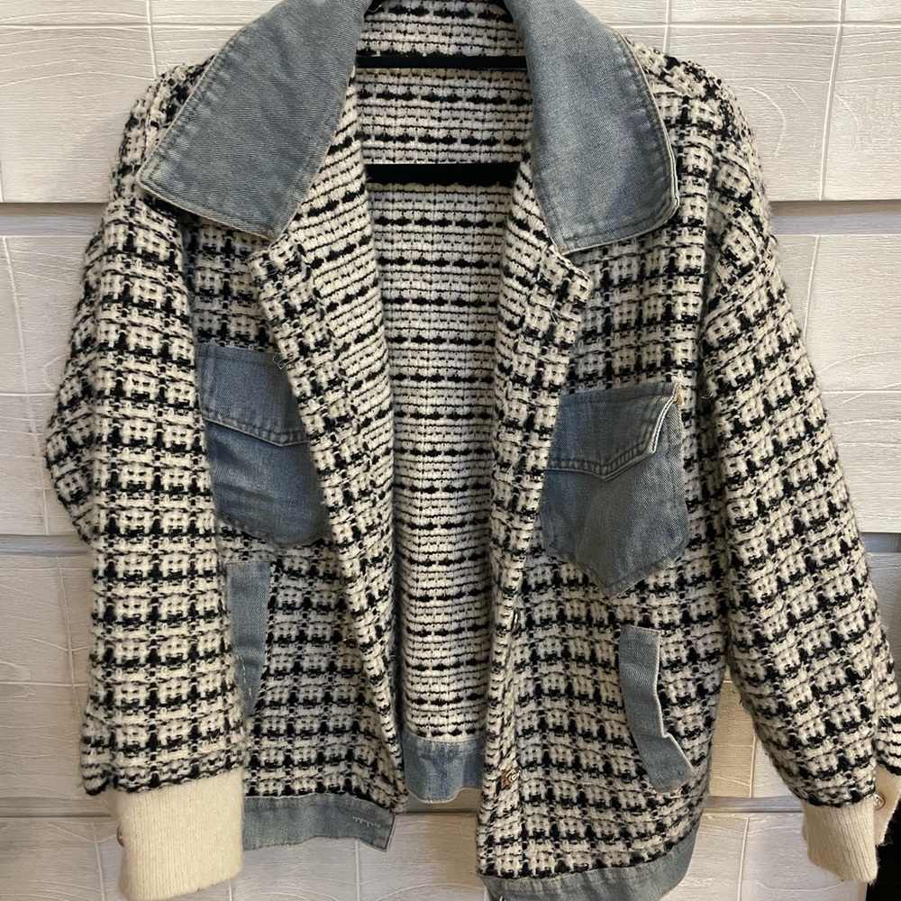 Tweed Look Black and White Denim Women's Jacket